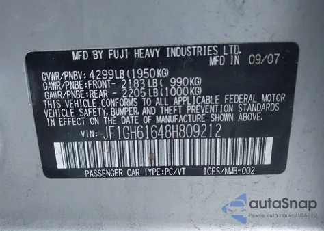 2008 Subaru Impreza 2.5I из США, поврежденный, VIN JF1GH61648H809212